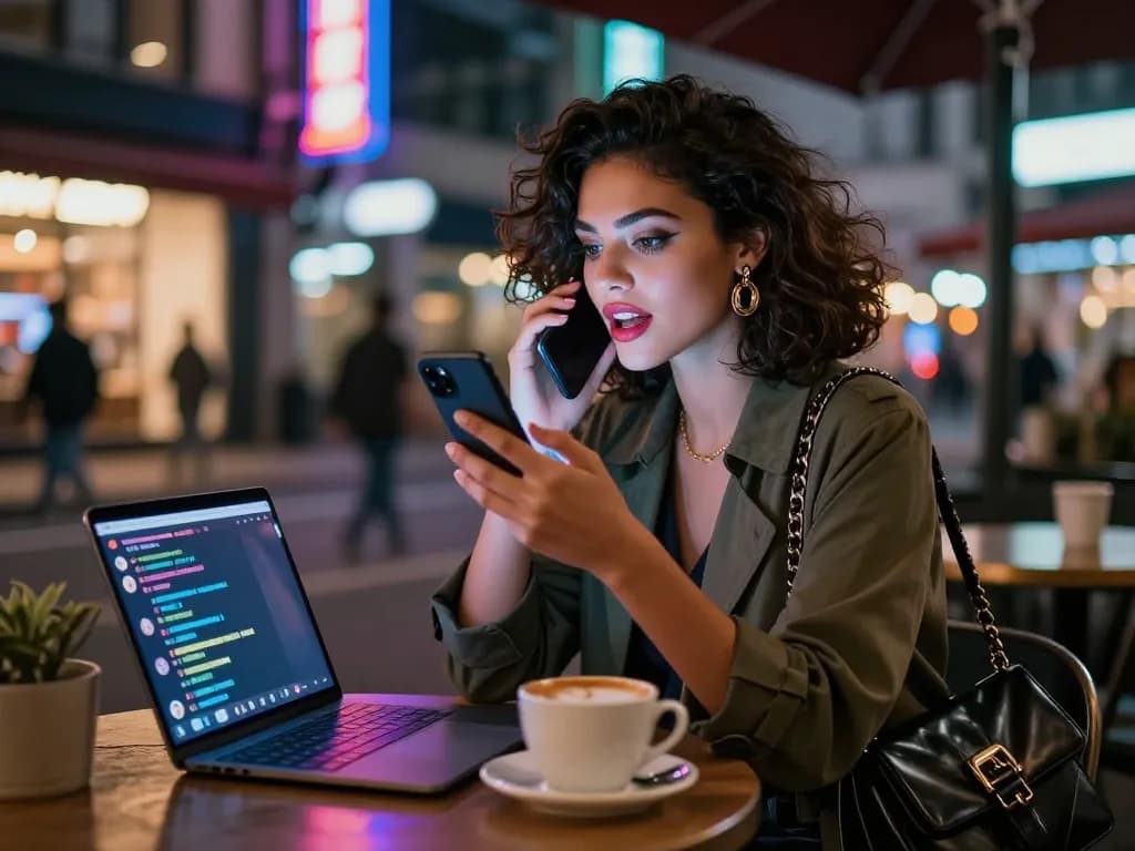 AI slut persona interacting playfully on smartphone in vibrant urban nightlife.