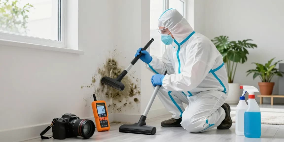Mold remediation in West Palm Beach scene showing a technician inspecting mold in a well-lit home environment with cleaning tools.