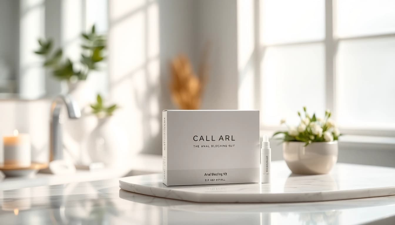 Anal bleaching kit displayed in a tranquil bathroom setting highlighting its features and quality.