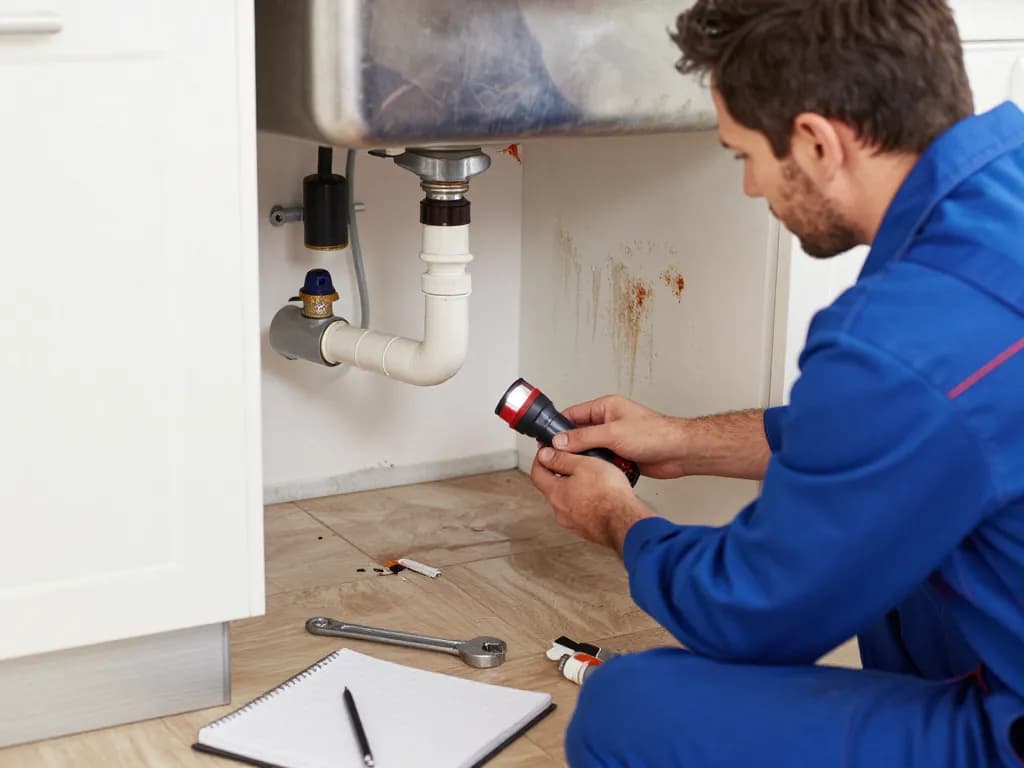 Plumber performing water leak repair in Rapid City SD kitchen, showcasing professional tools and focused technique