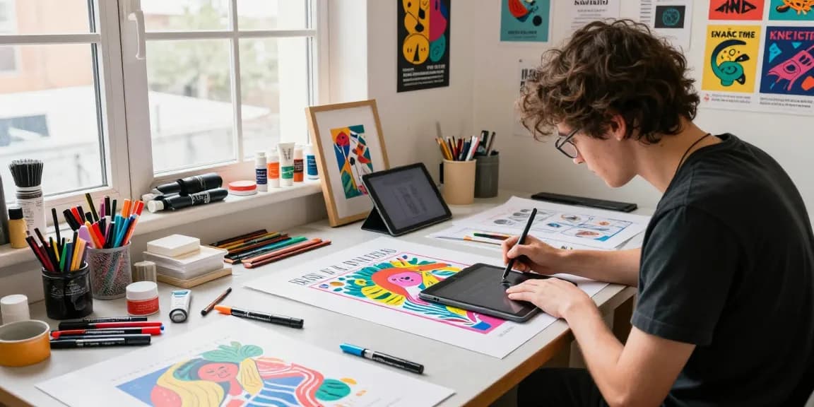 Custom poster printing scene in an art studio with vibrant designs and creative tools.