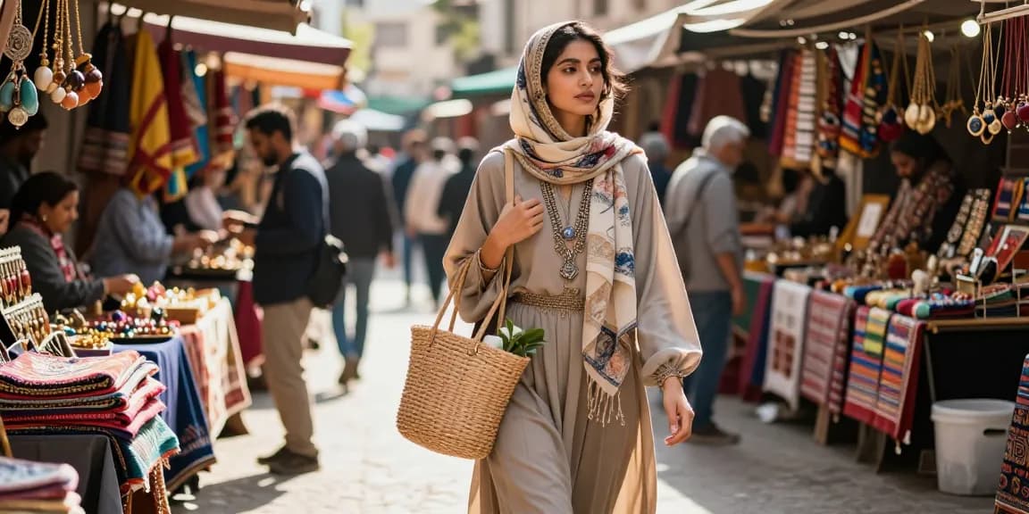 Young woman showcasing modest clothing in vibrant urban market.