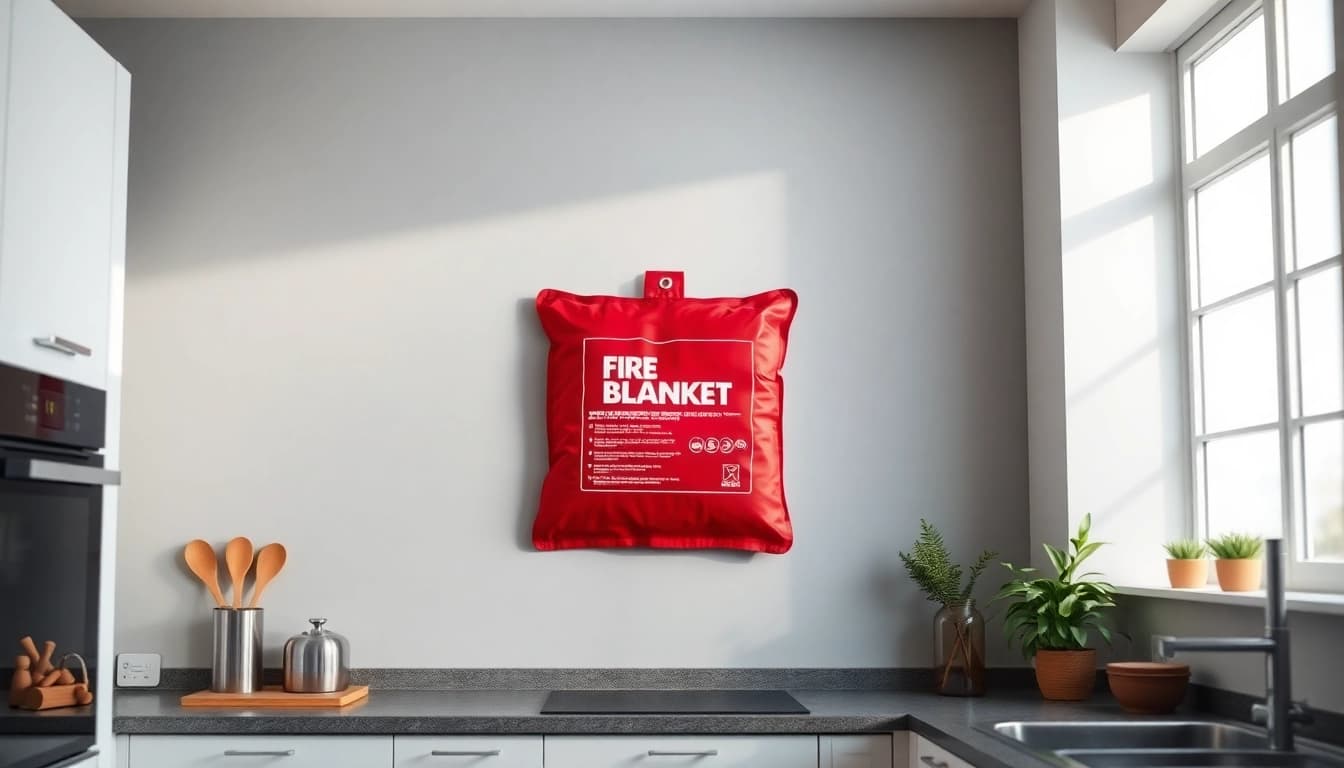 Corner of a modern kitchen featuring a fire blanket mounted on a wall, ready for emergency use.