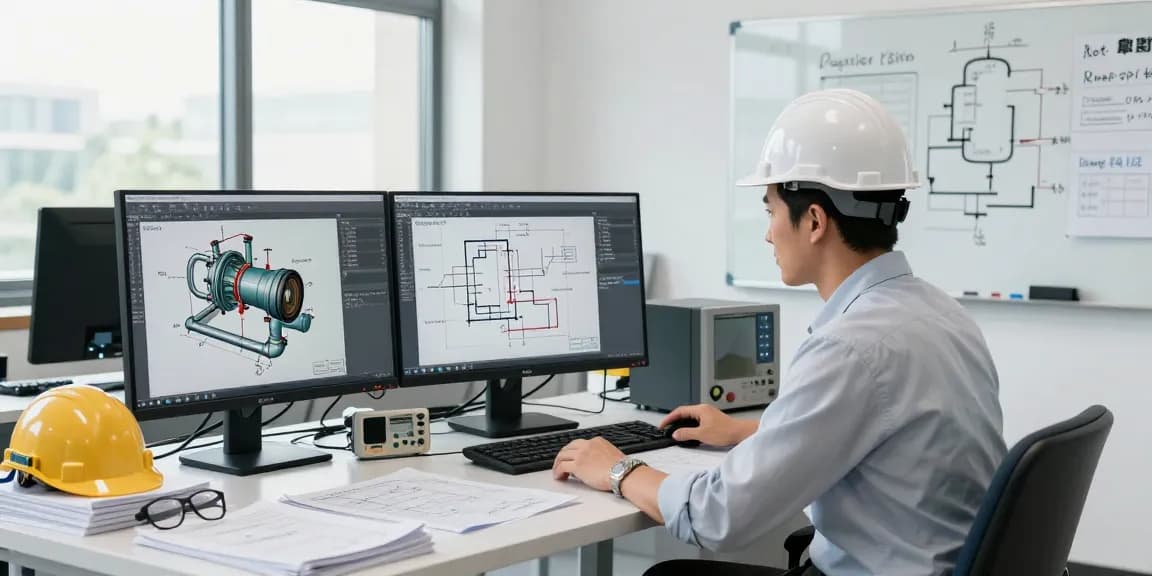 Piping Stress Analysis Services in a technical engineering office with engineers analyzing piping diagrams and CAD models.
