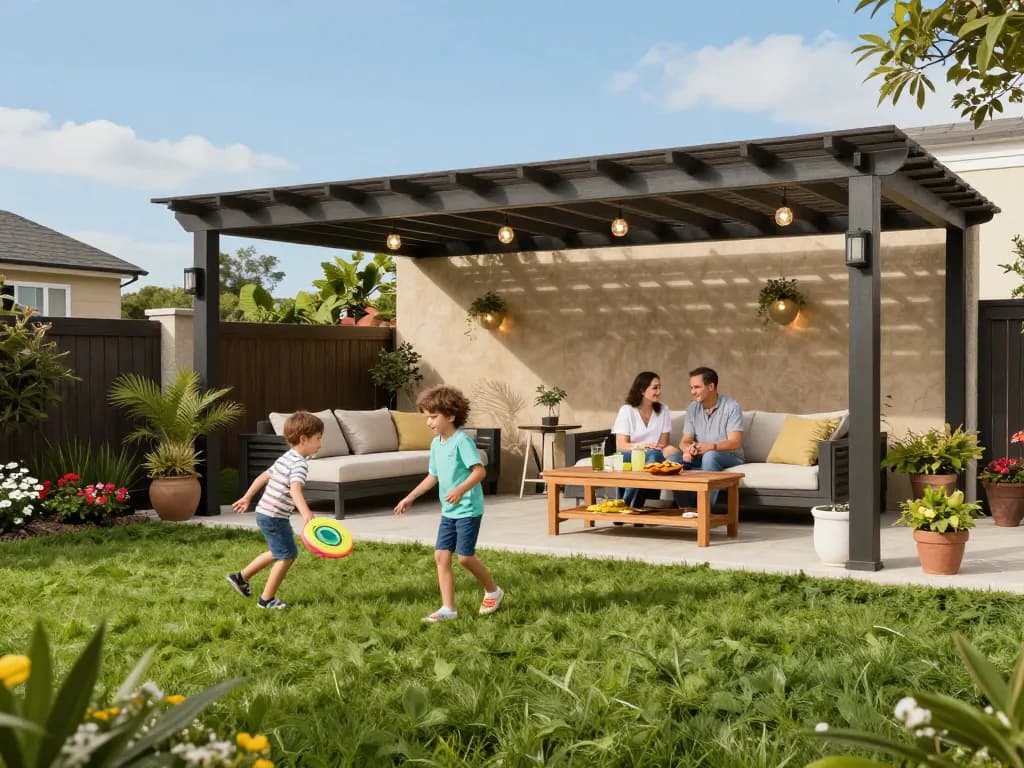 Family enjoying time under a pergola configurator software-designed structure with vibrant garden backdrop.