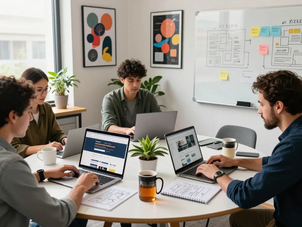 Web Design team collaborating on innovative projects in a modern office.