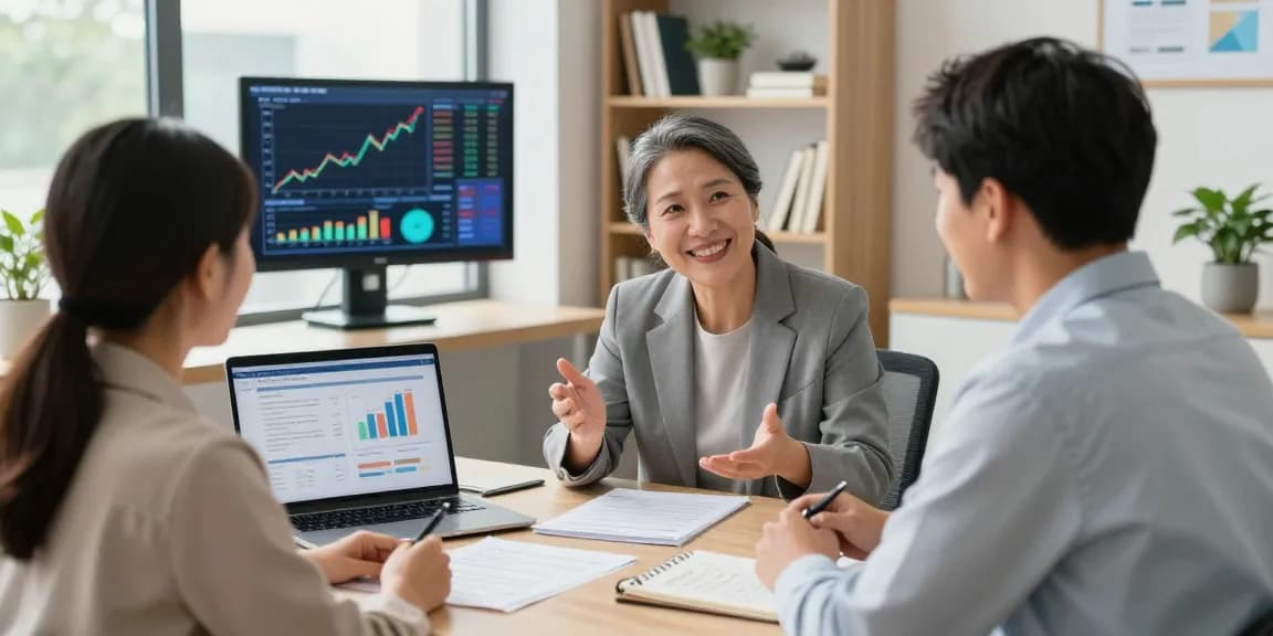 Financial advisor discussing personalized strategies with clients in a welcoming office.