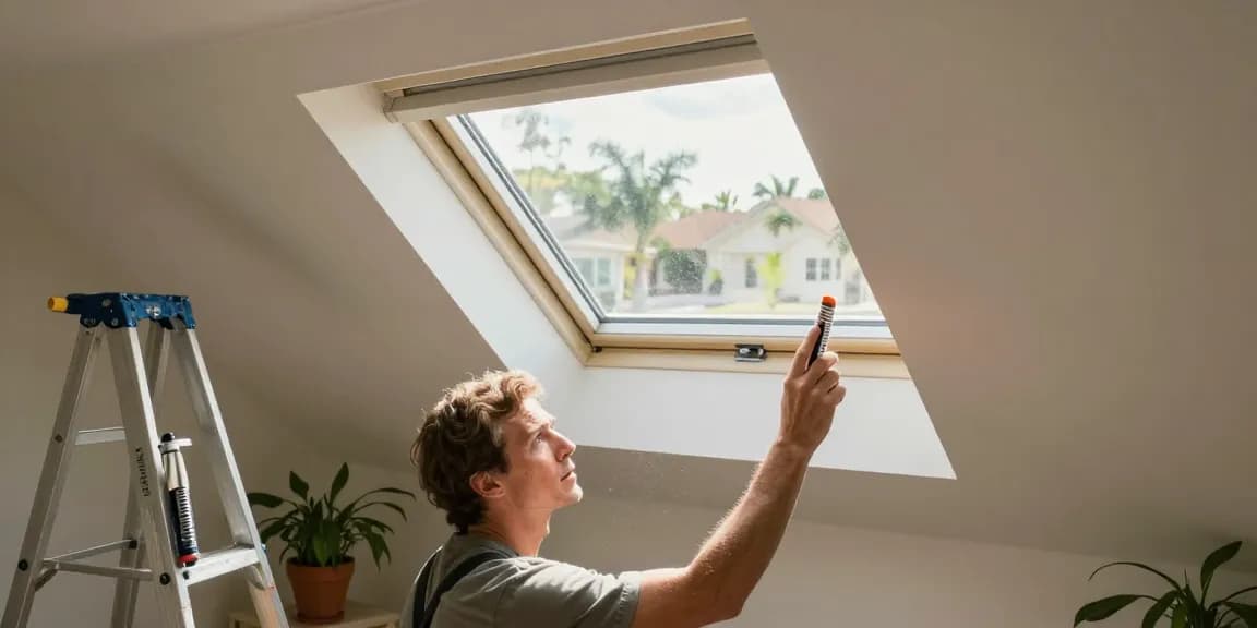 Skylight maintenance in Tampa: homeowner inspecting a skylight for leaks and setting up maintenance, ensuring durability.