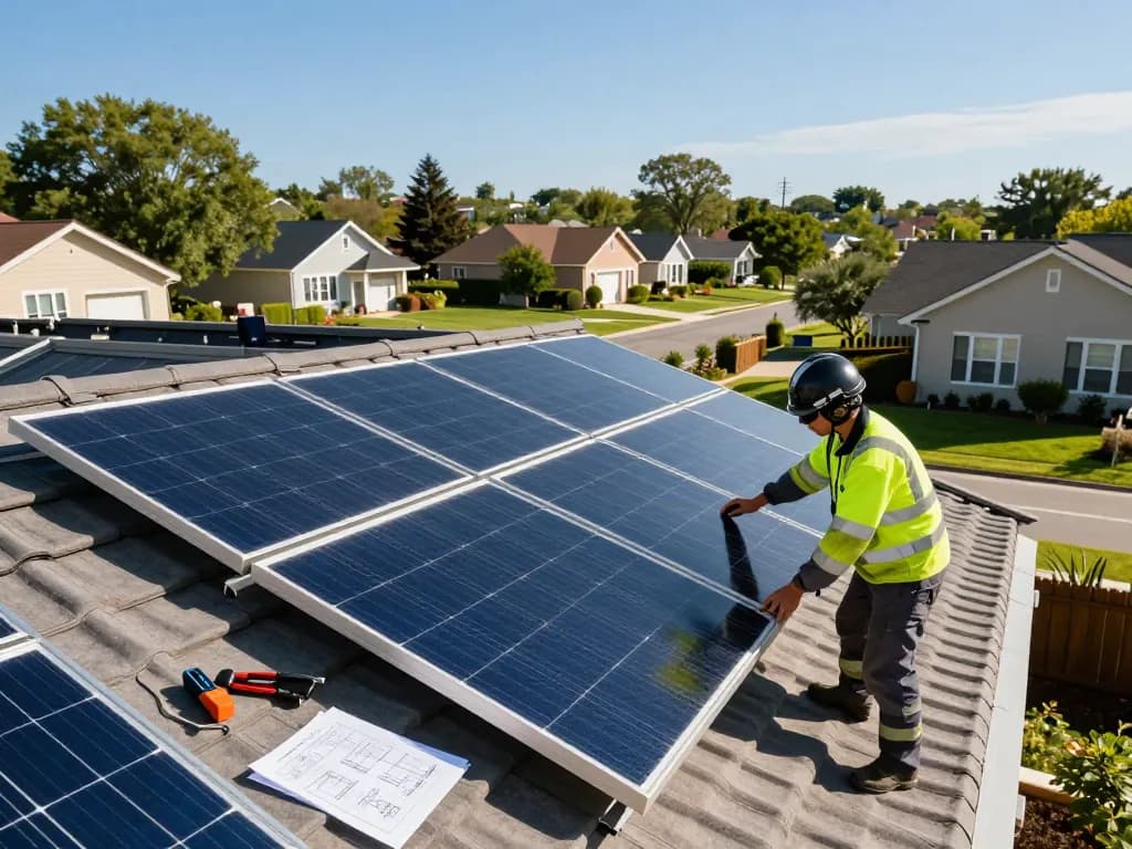 Technologia HJT – zalety i wady highlighted in solar panel inspection on a residential roof.