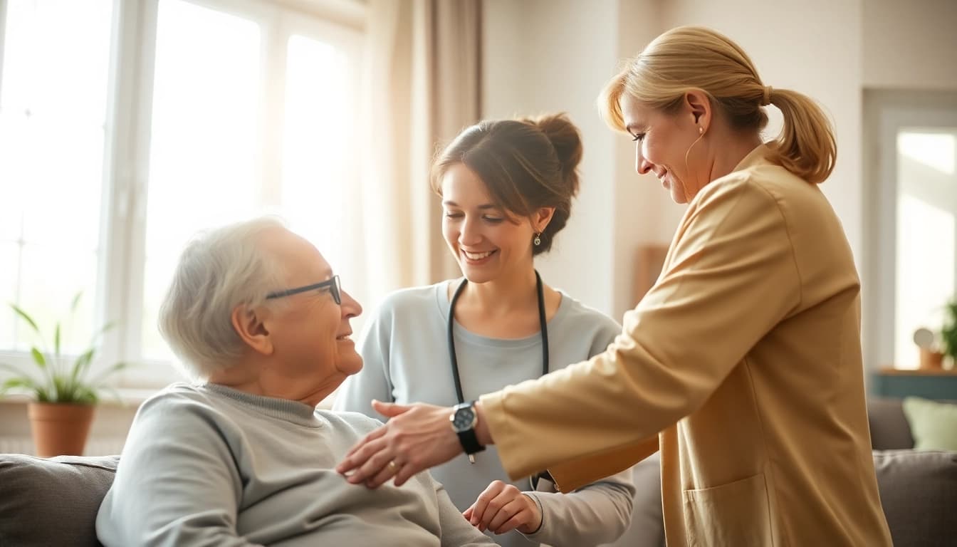 Caregiver providing in home health care near me to an elderly person in a warm home setting.