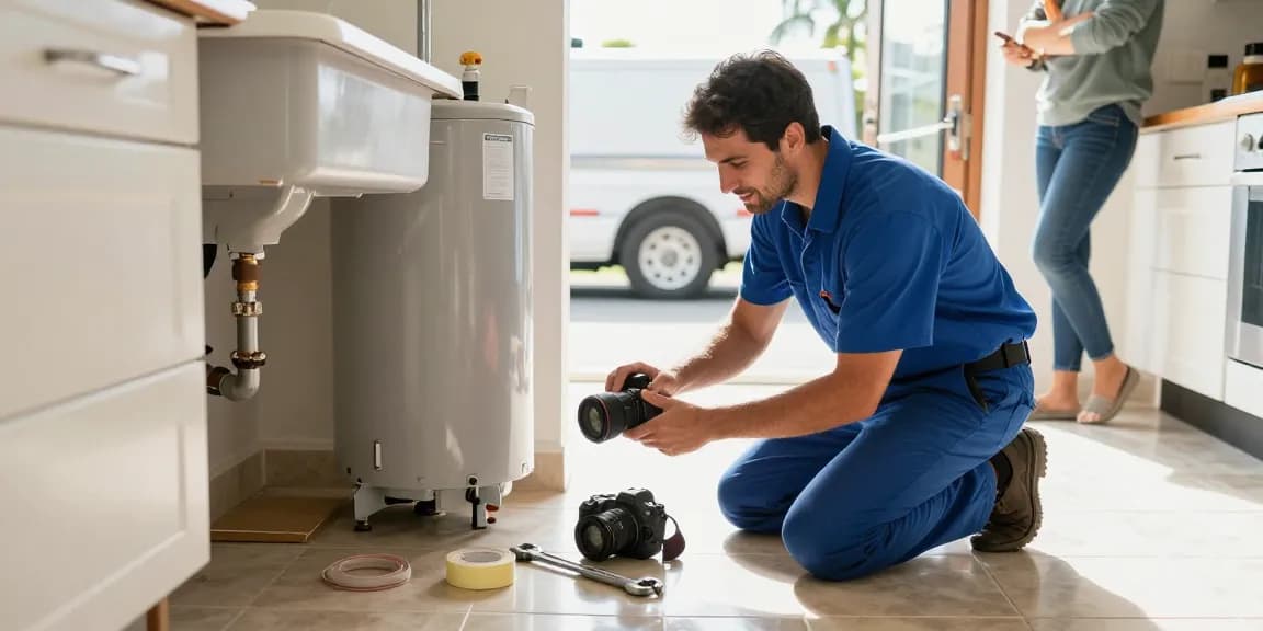 Experienced emergency plumber San Diego inspecting a water heater installation in a bright kitchen, showcasing professionalism.