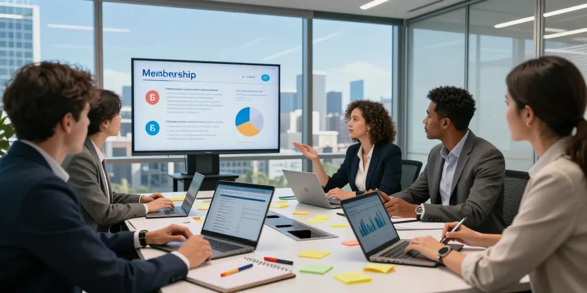 Team collaborating in a modern office, discussing how to Mitglied im Interessen Verband werden, with laptops and notepads, in an inspiring environment.