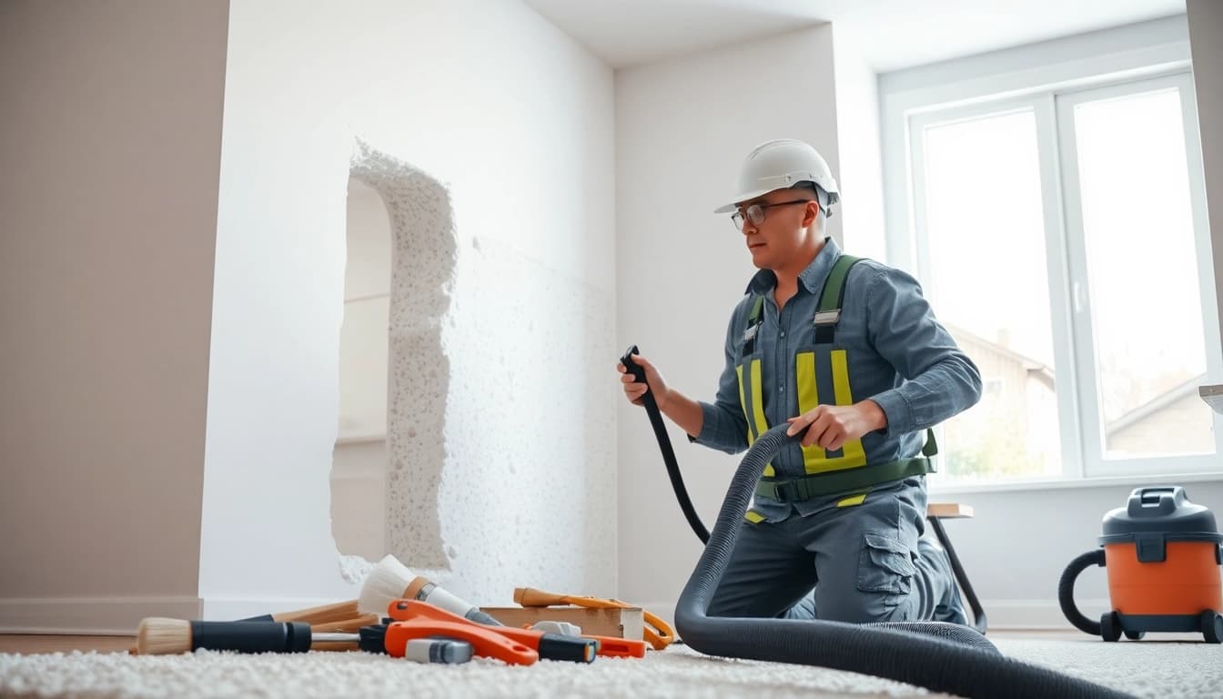 Expert performing spray foam removal in a brightly lit residential setting.