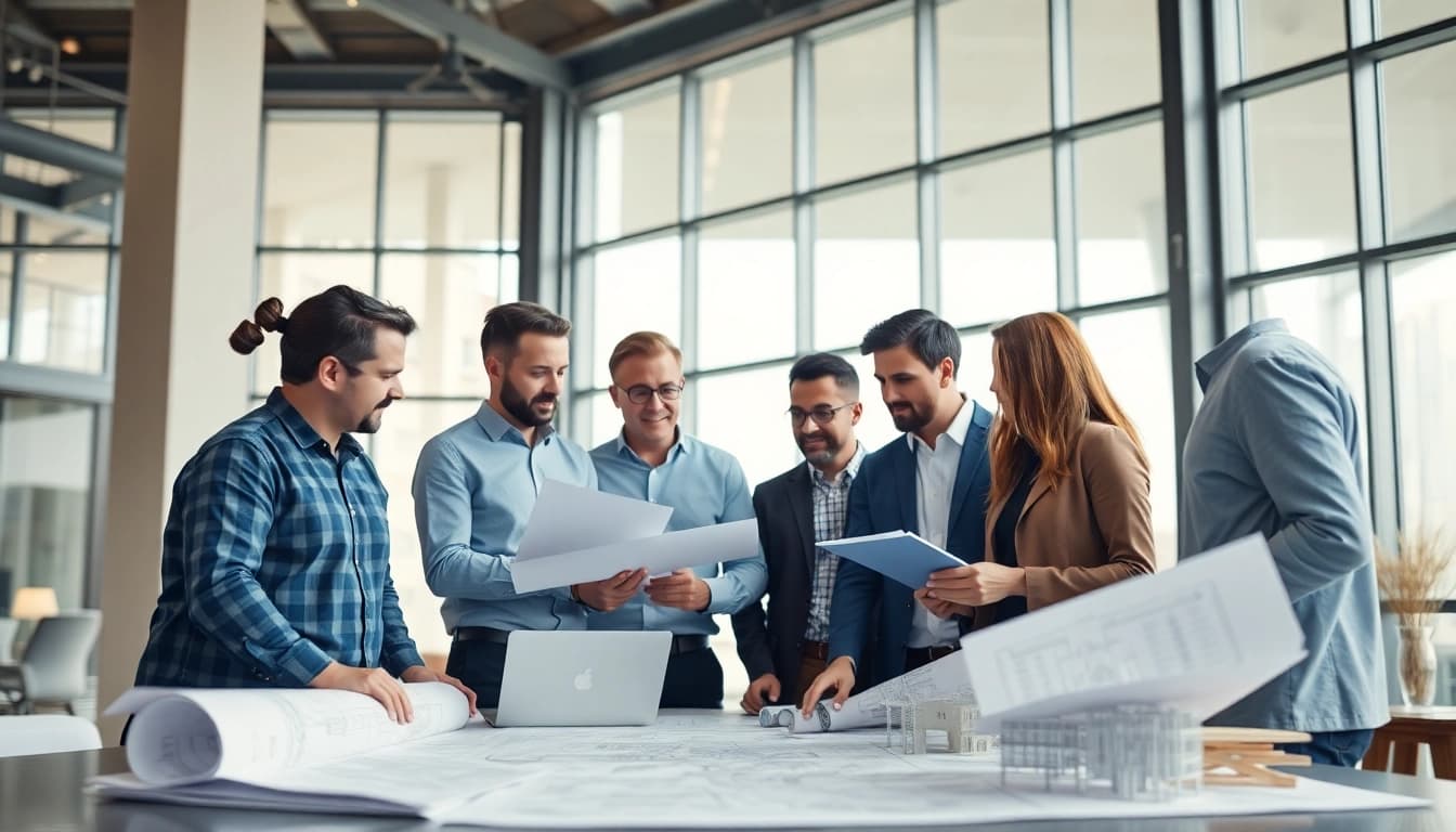 Engaged professionals in a construction association discussing project plans for innovative building designs.