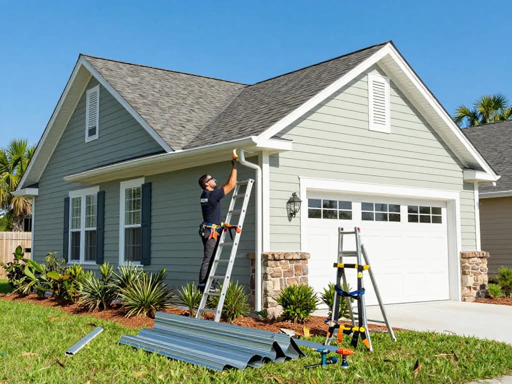 Installation of seamless gutters in Jacksonville, FL, showcasing expert craftsmanship and protective home improvements.