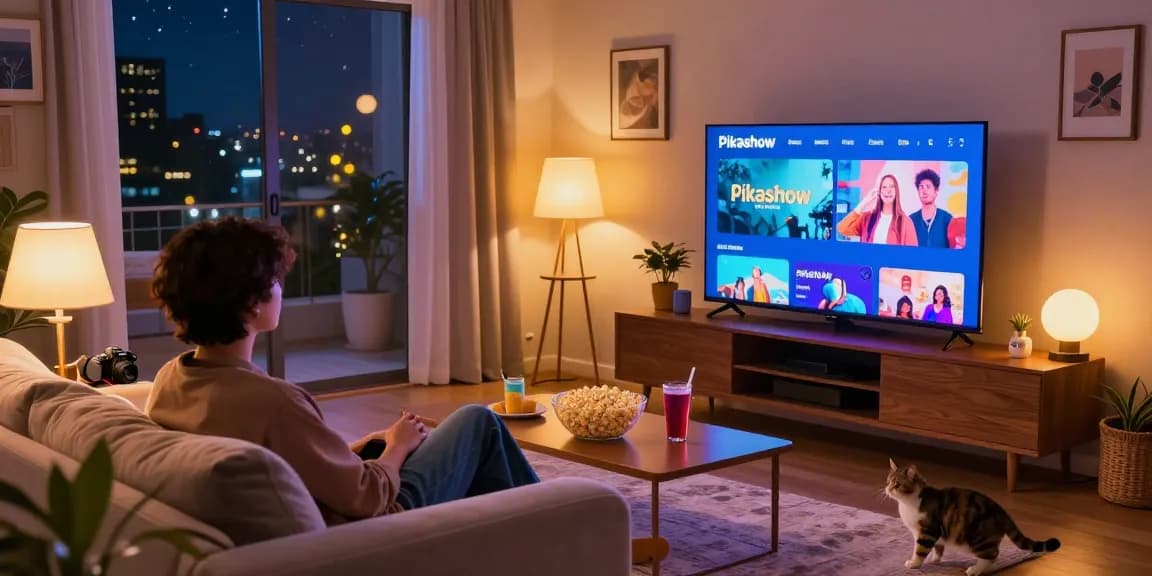 Engaging living room with Pikashow streaming HD movies on TV.