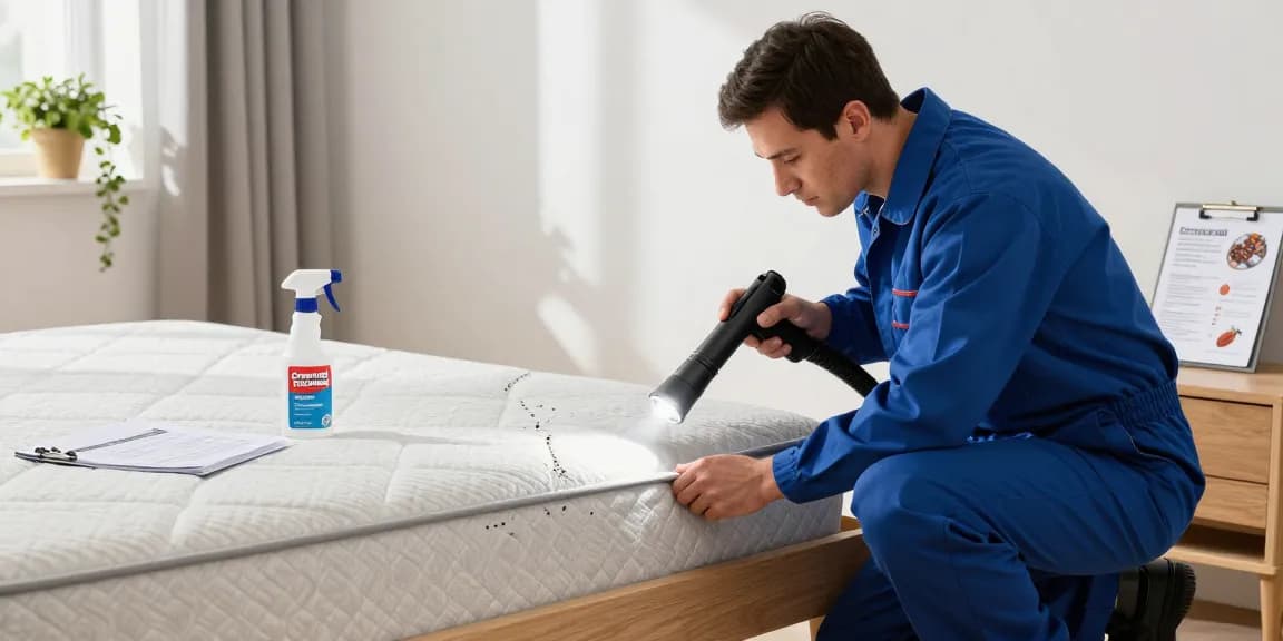 Bed bug exterminator inspecting a mattress for infestations in a clean, bright residential bedroom.