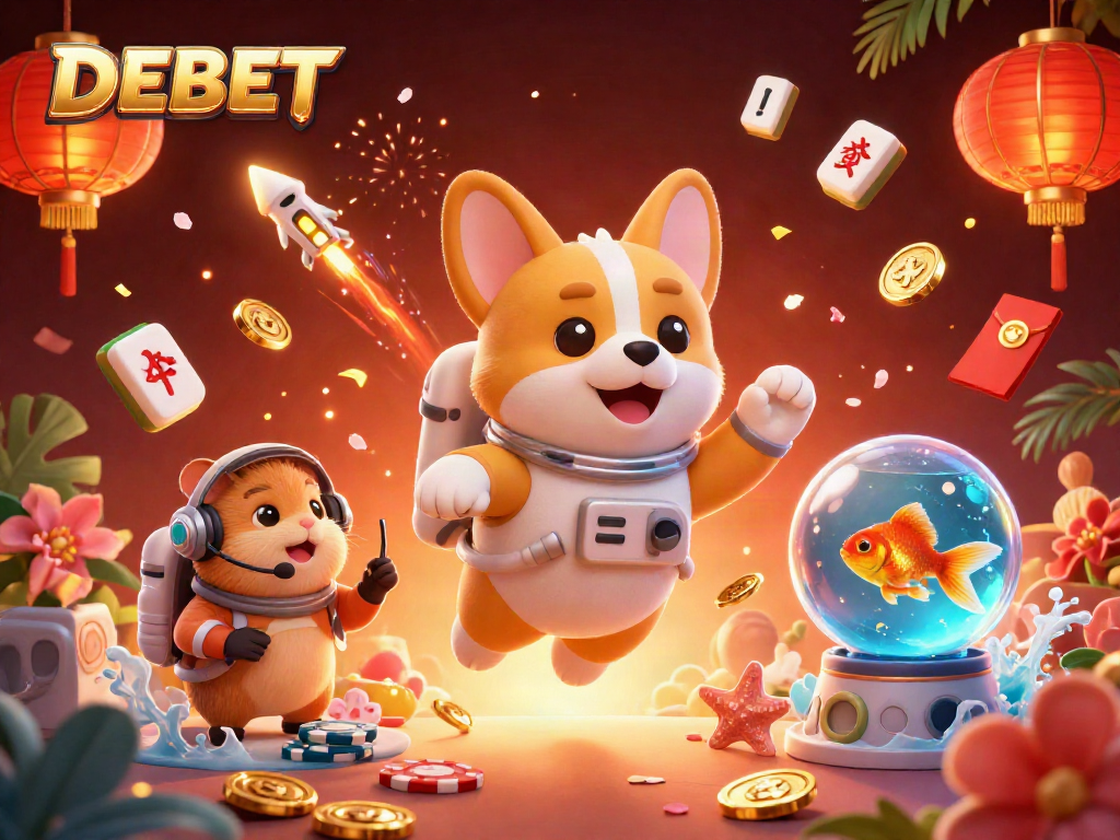 Engage with DEBET in a vibrant 3D casino scene featuring playful characters and floating game elements.