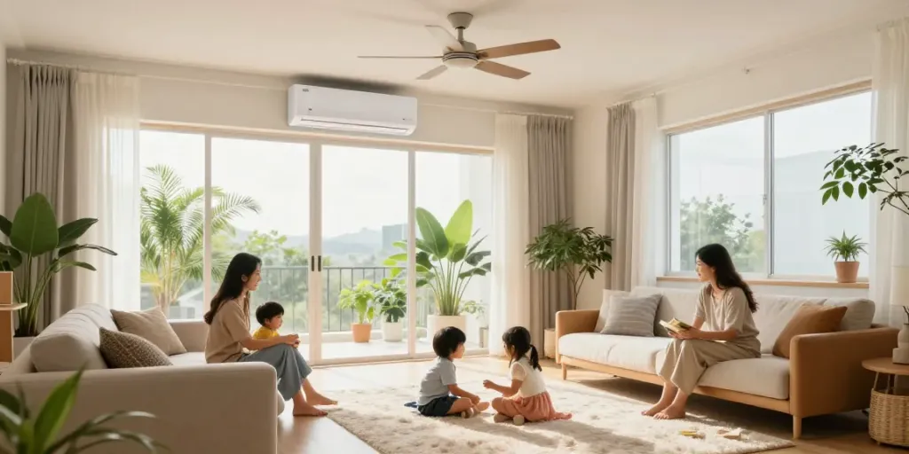 18k mini split cooling a modern living room with family enjoying comfort.