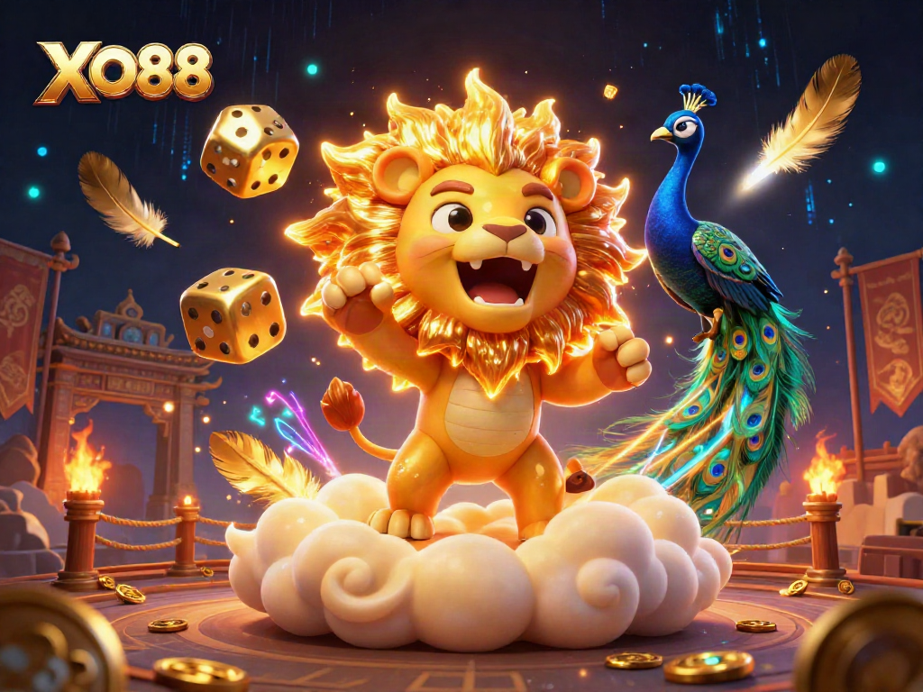 Experience the excitement of XO88 with a vibrant 3D illustration of games and characters.
