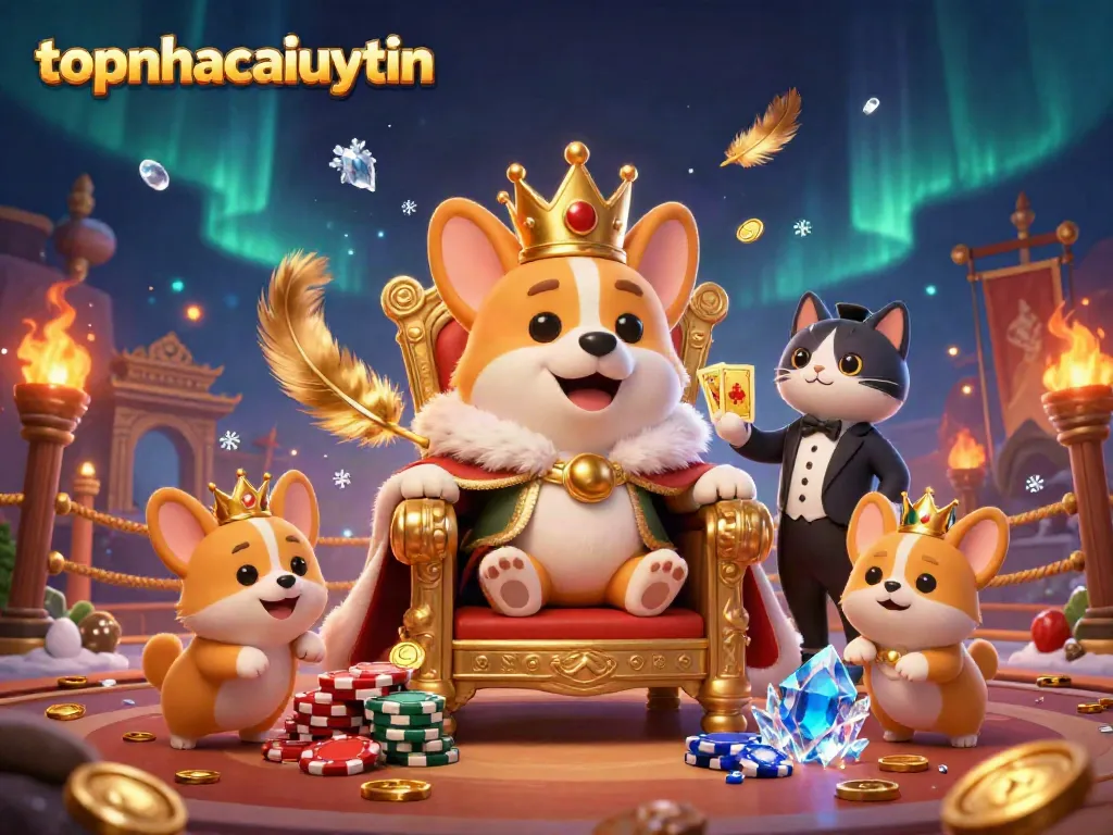 Immerse in the vibrant world of topnhacaiuytin, featuring a royal corgi on a throne of poker chips in a magical casino setting.