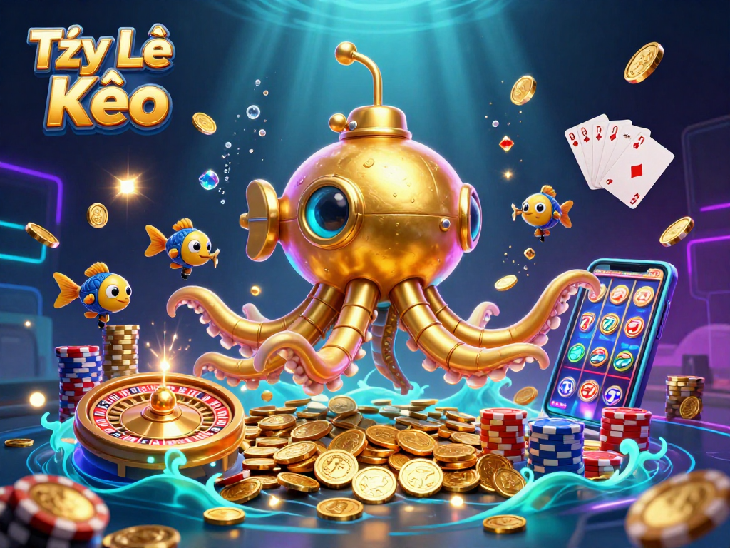Tỷ Lệ Kèo showcases an exciting 3D scene with golden kraken submarine and casino elements.