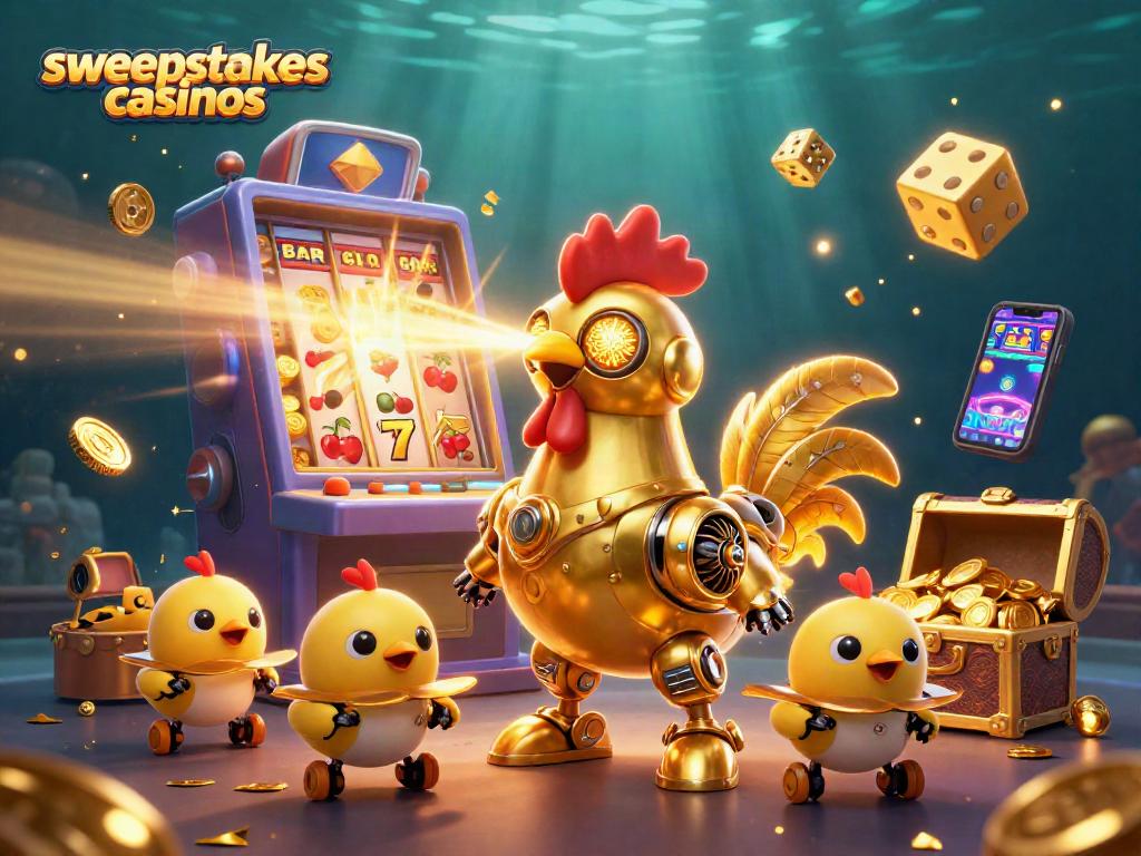 Engage with sweepstakes casinos through an exciting jackpot adventure featuring colorful characters and dynamic gaming elements.
