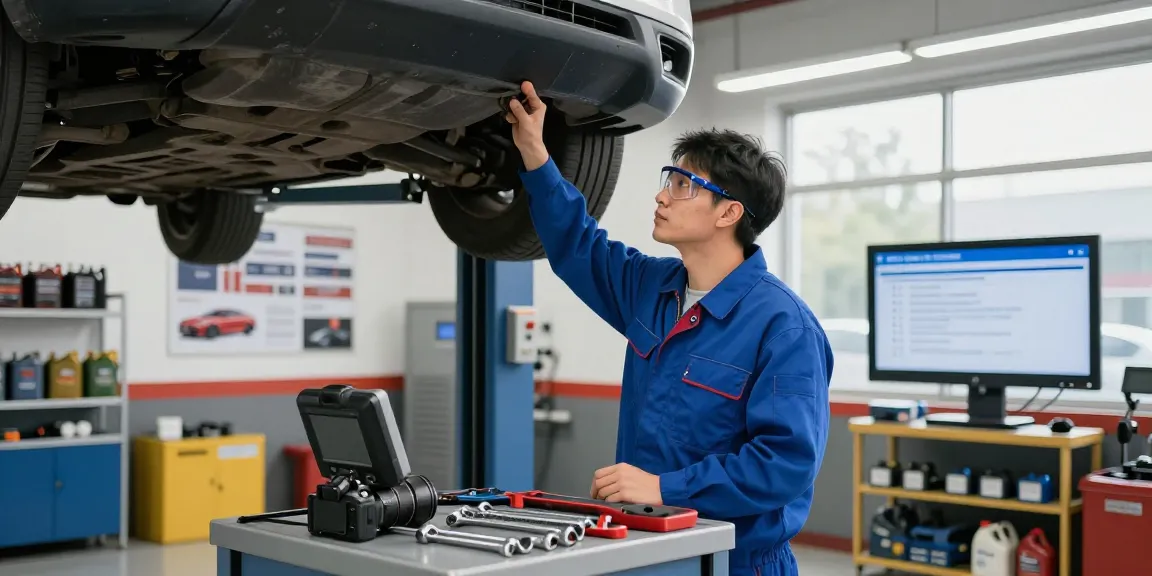 Mechanic reviewing vehicle service contract details in a well-lit service center.