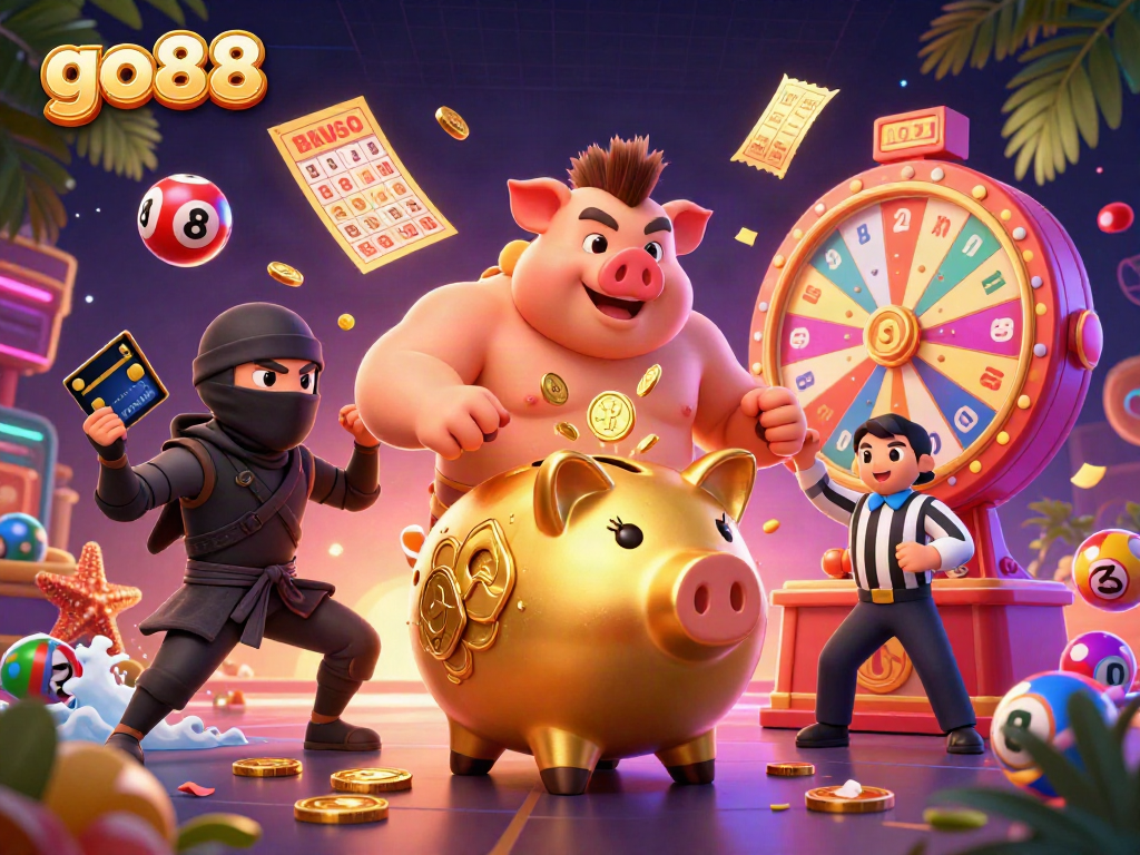 Experience the excitement of go88 with this vibrant casino illustration featuring a golden piggy bank sumo wrestler surrounded by lottery elements.