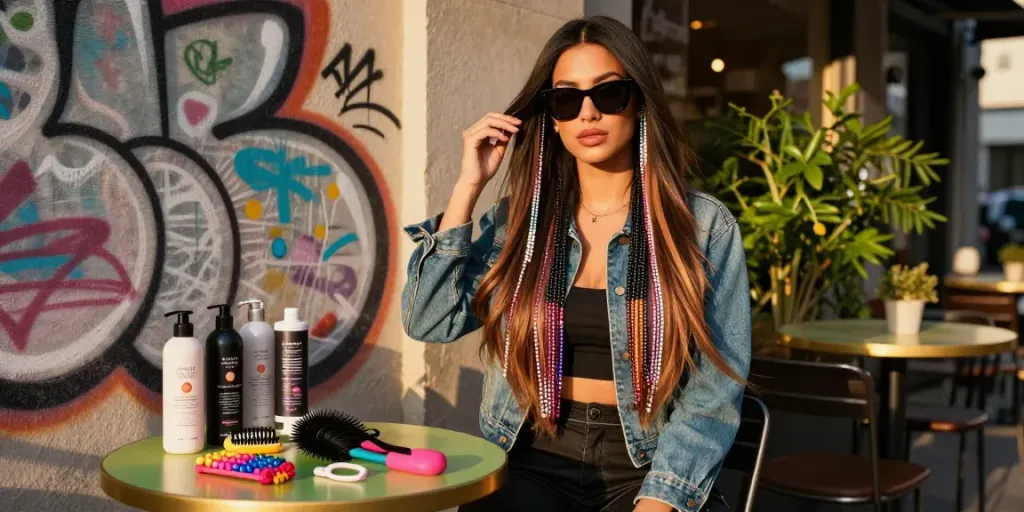 Showcasing beaded weft hair extensions on a stylish woman in vibrant urban setting with trendy accessories.