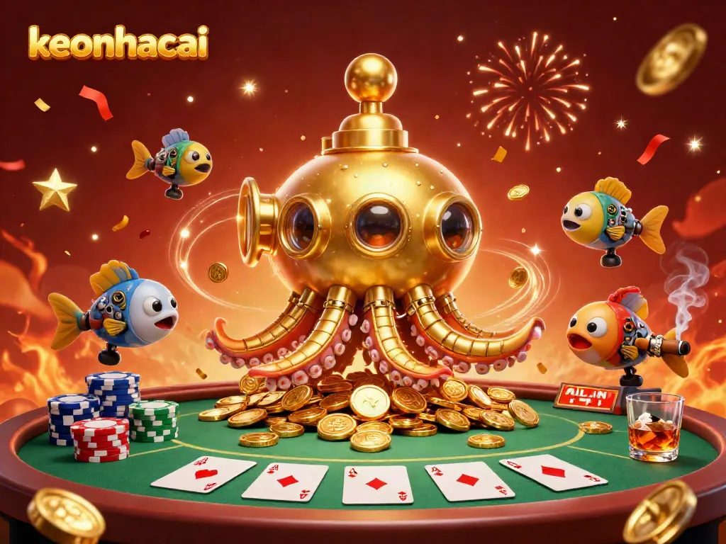Engage in thrilling poker action with keonhacai as a golden kraken submarine surfaces in a sea of coins.