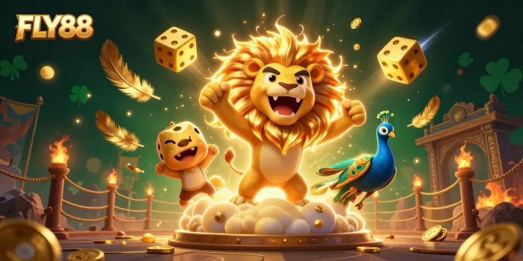Engage with thrilling FLY88 gaming, where the sun lion roars atop golden clouds amid dynamic casino elements.