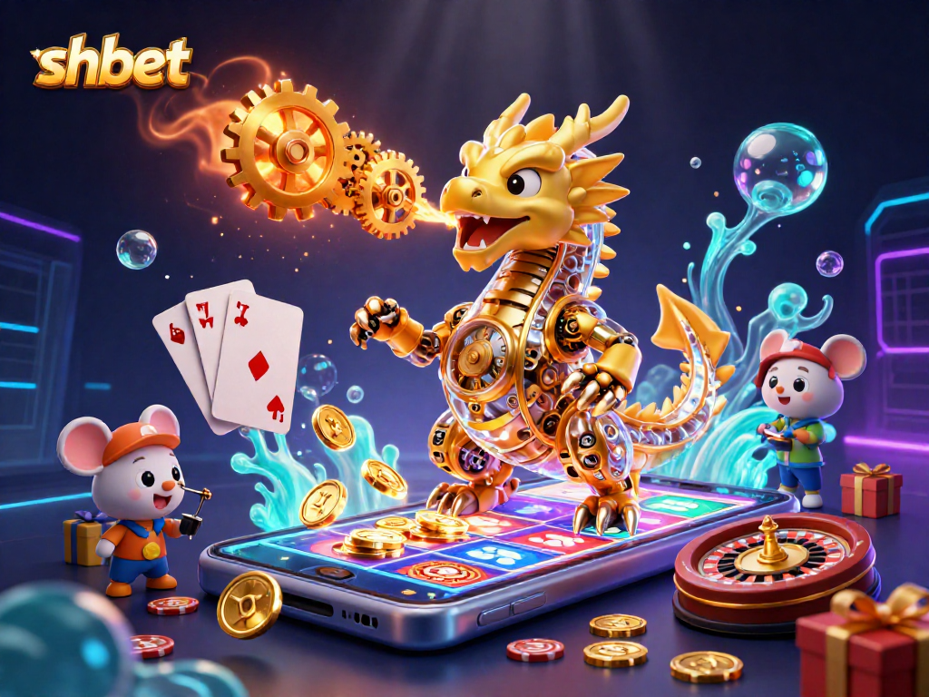 Play and win with shbet in a vibrant casino scene featuring dragon, gears, and slot games.
