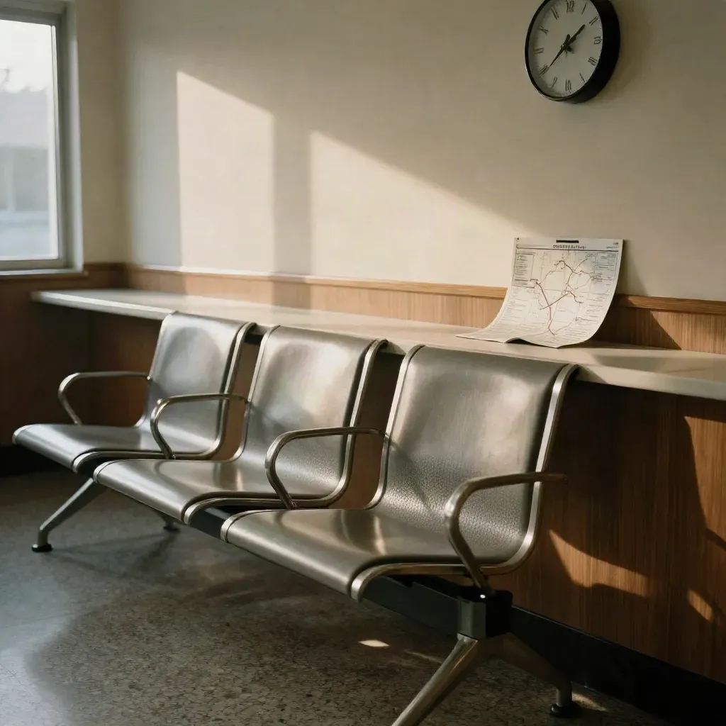 Sunlit terminal waiting room with empty chairs, a service counter and a folded route map.