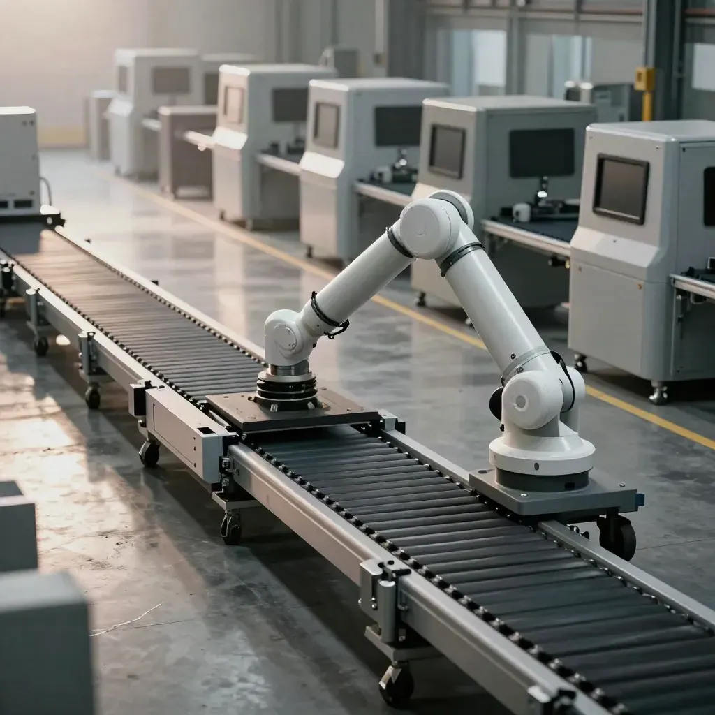 Robotic sorter arm sweeping over a conveyor lane in a hazy logistics automation hall