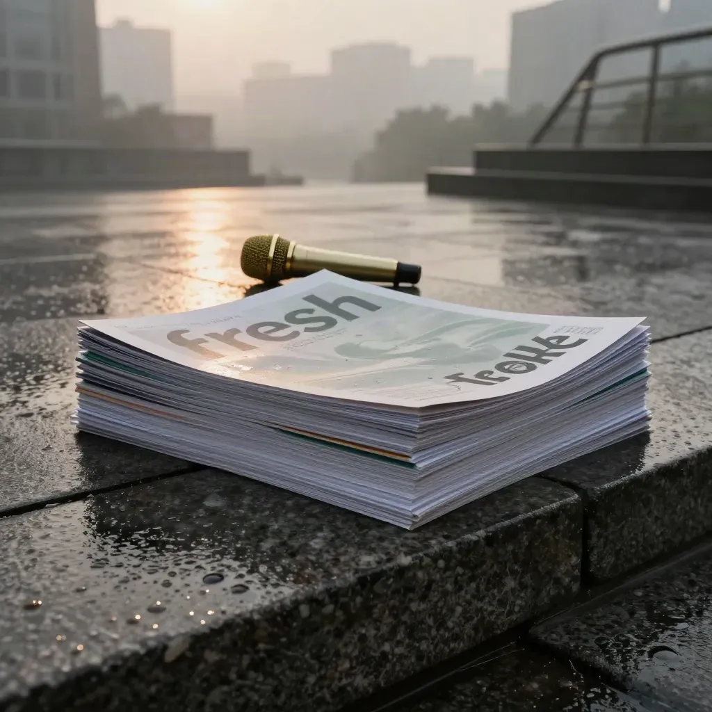 Rain-slick courthouse steps with proof sheets, brass press microphone, and city skyline at dawn.