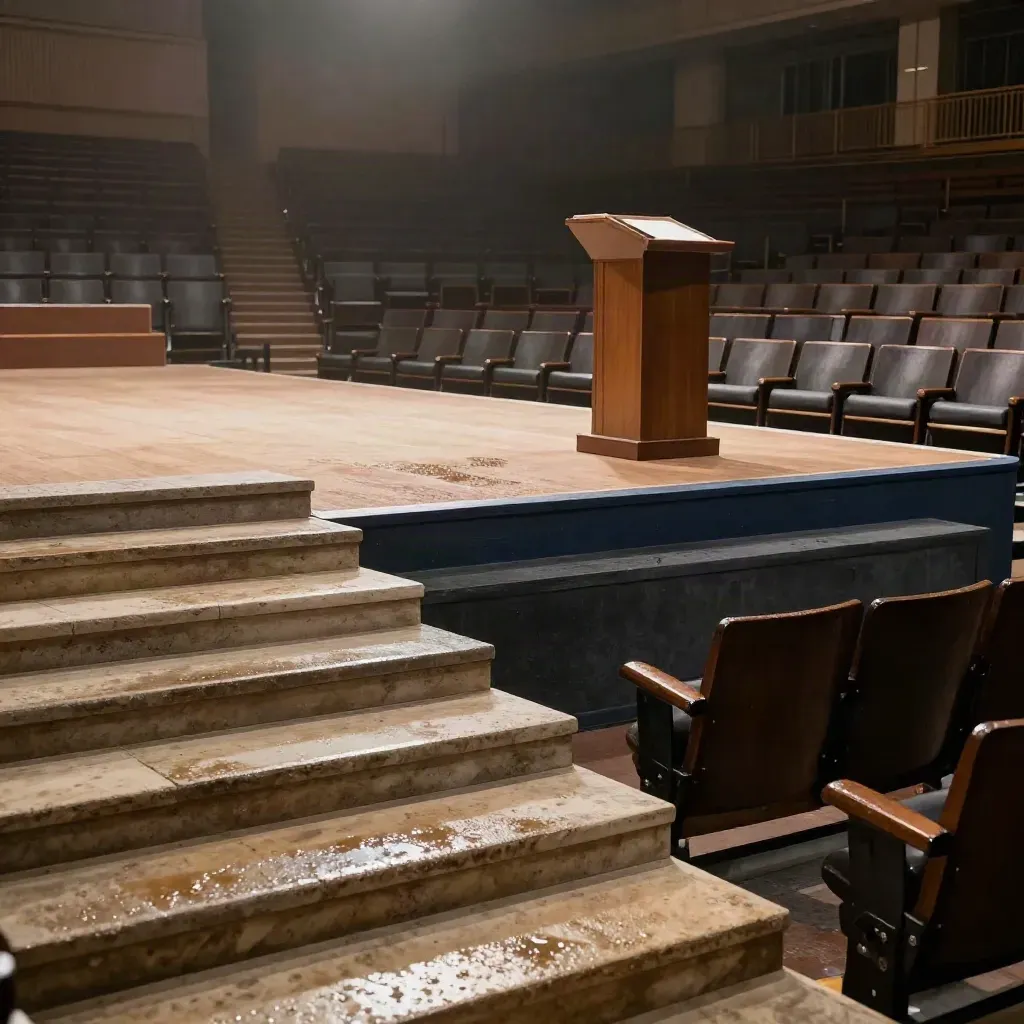 Empty rain-soaked campus amphitheater with lectern and misty stone steps