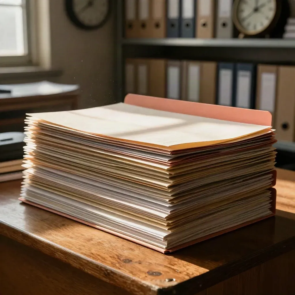 Archive folders and binders on a budget table beside a blurred wall clock.
