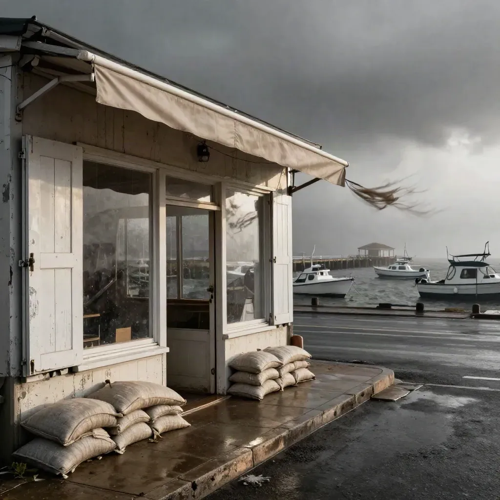 Storm-ready seaside storefront with shutters, sandbags, and a dark harbor street.