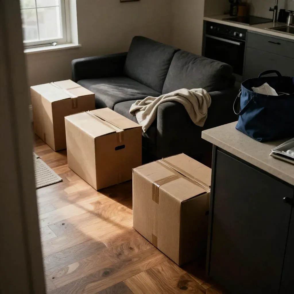Top-down studio apartment with moving boxes, sofa, bare counter, and a sunlit floor beam.