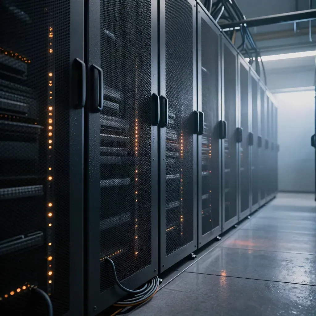 Low server-rack corridor glowing in blue hour, vapor drifting over reflective floor panels.
