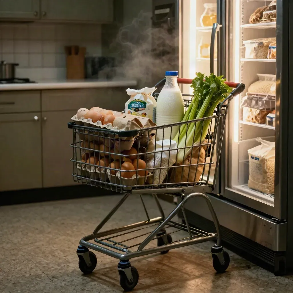 Grocery cart beside a sparse kitchen counter and open fridge, lit cold and cinematic.