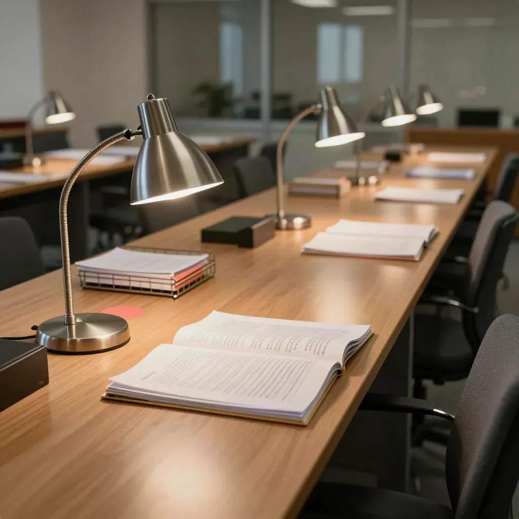 Empty newsroom desks with proofs, lamps, and a coffee-ringed notepad in warm morning light.