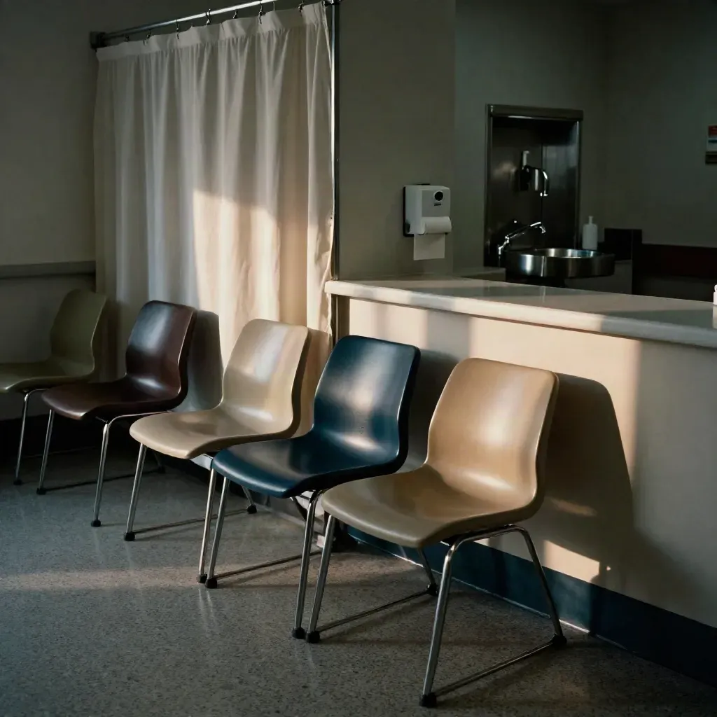 Quiet clinic waiting area with navy chairs, curtain, sink alcove, and dim reception corner.