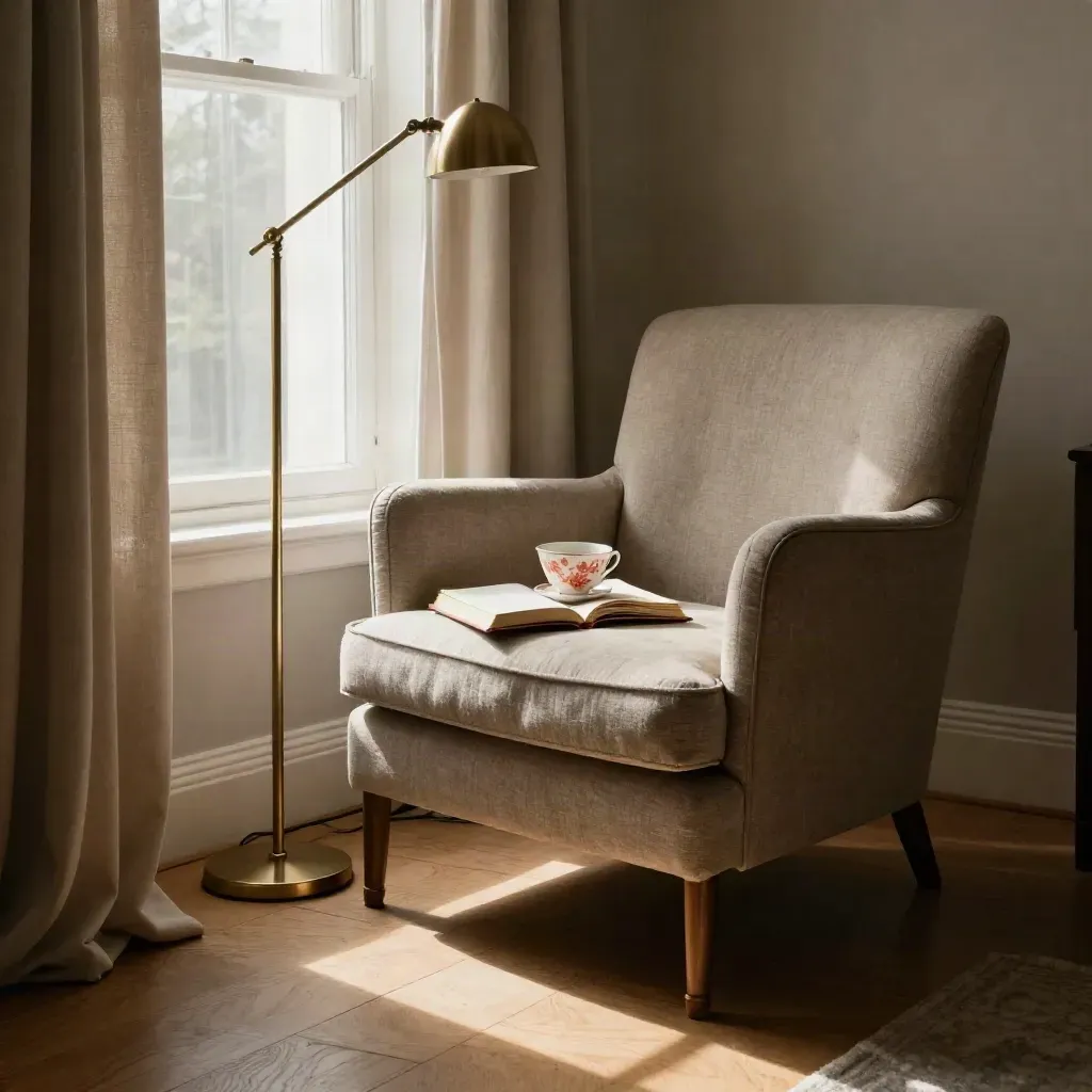 Sunday reading nook with armchair, hardcover, tea cup and floor lamp in soft morning light.