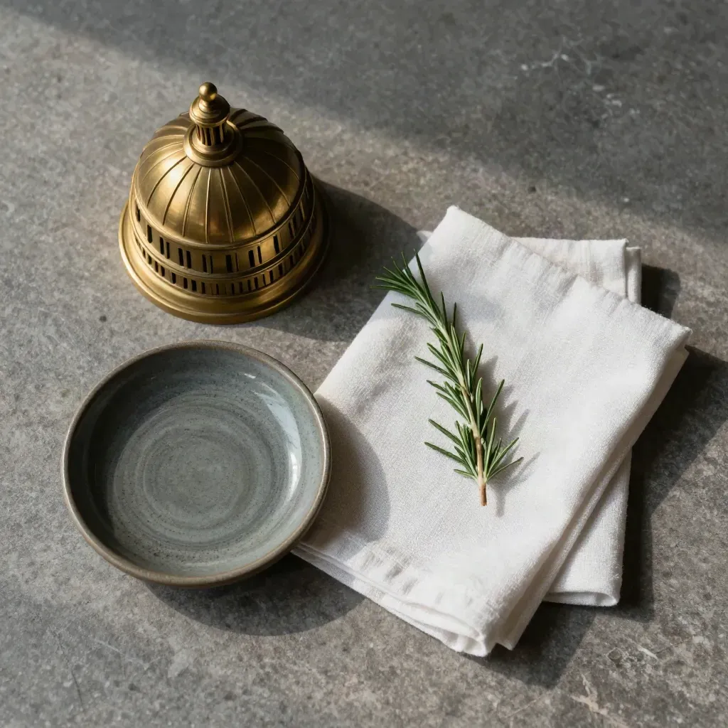 Brass Capitol dome paperweight with slate dish, white linen, and rosemary on stone.
