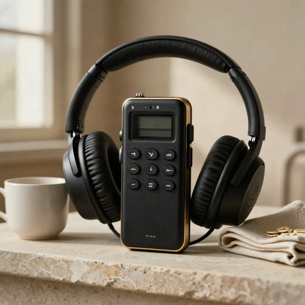 Black voice recorder, headphones, ceramic cup, and folded cloth on a soft stone surface.