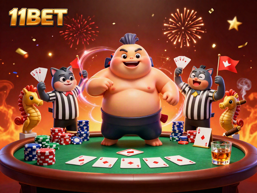 Experience gameplay excitement with 11BET's vibrant underwater poker scene featuring dynamic characters and rich details.