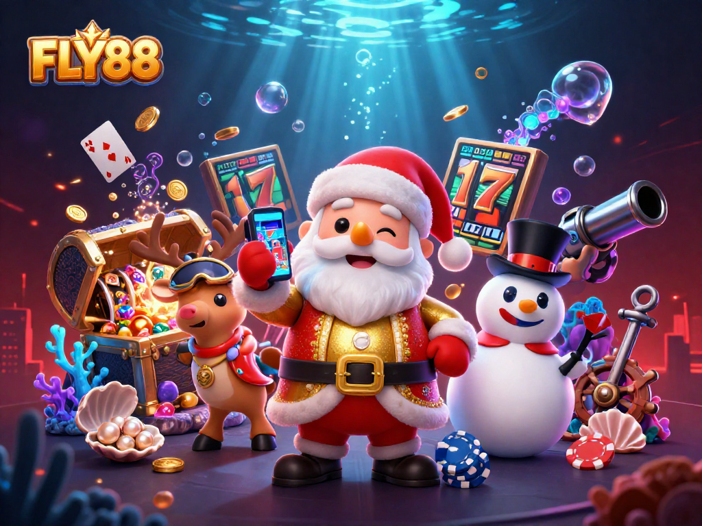 Experience thrilling slots with FLY88 in a festive casino scene featuring jackpot action and colorful characters.