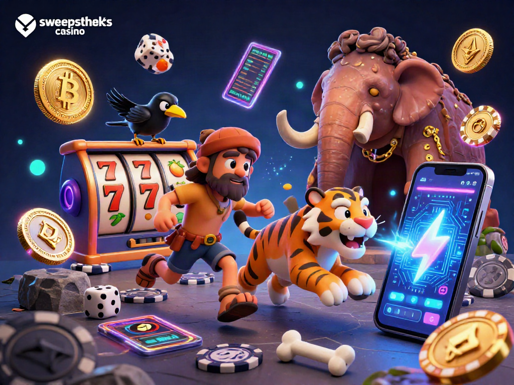 Engaging 3D illustration of a sweepstakes casino featuring caveman and tiger characters amidst vibrant gaming elements.